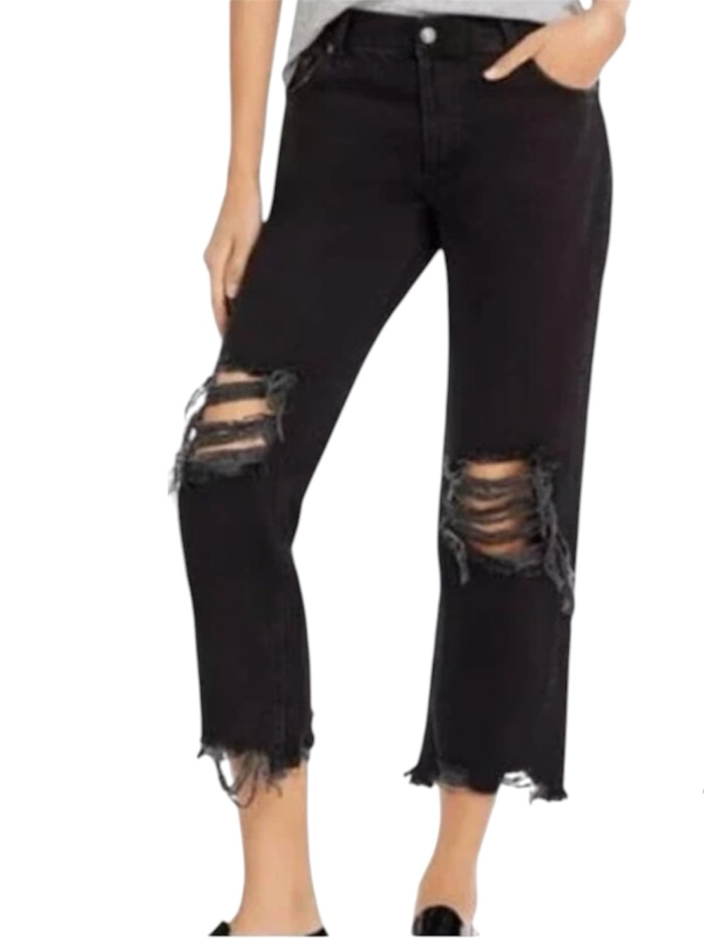 We The Free Maggie Mid-Rise Distressed Crop Jeans - Black